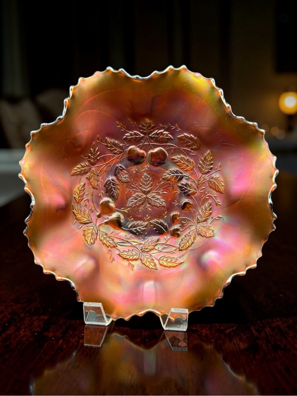 Northwood Pumpkin Marigold 3 Fruits Medallion Ruffled Carnival Glass Master Bowl